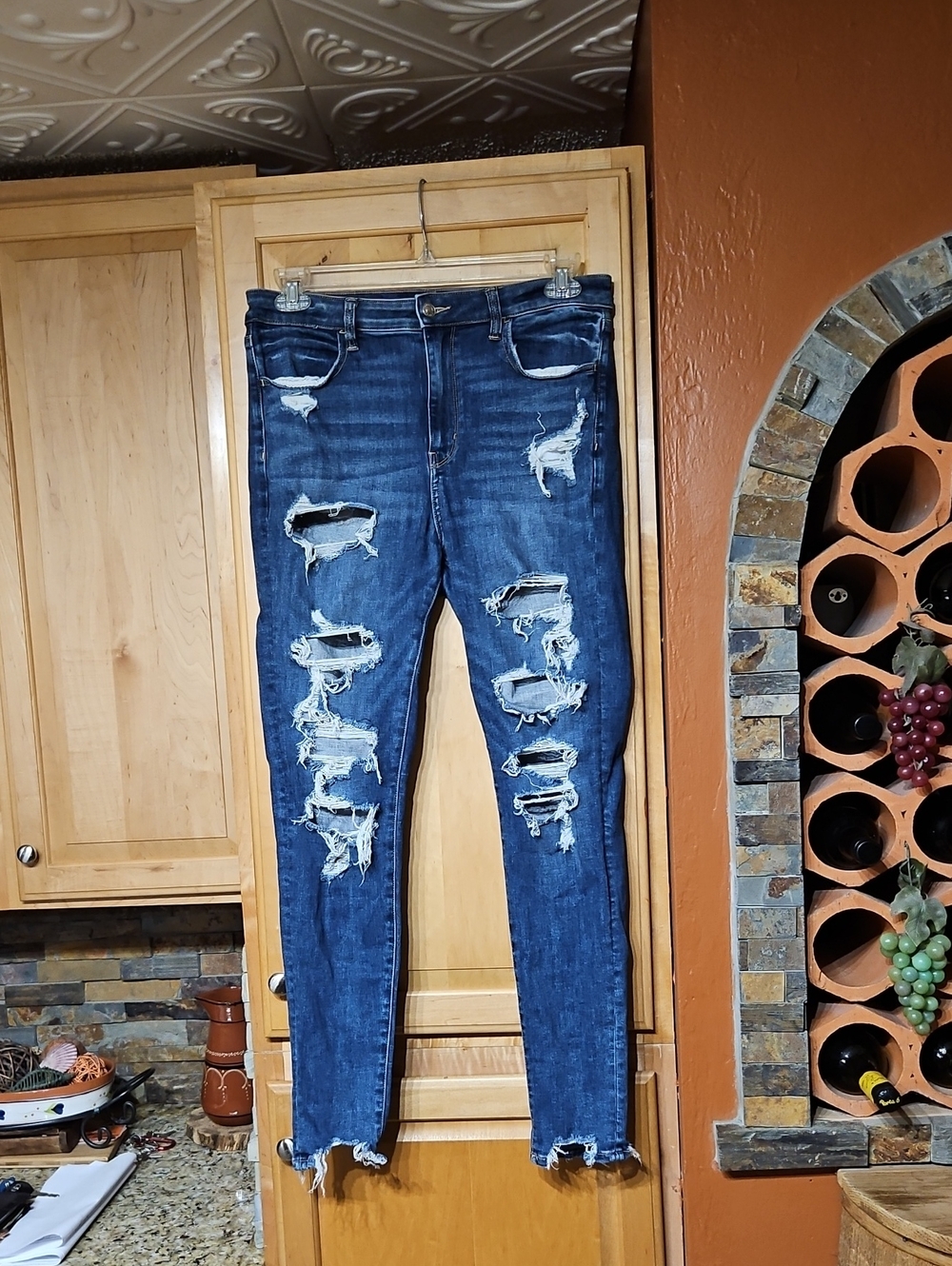 American Eagle Distressed Blue Next Level Stretch Super Hi-Rise Jegging Jeans